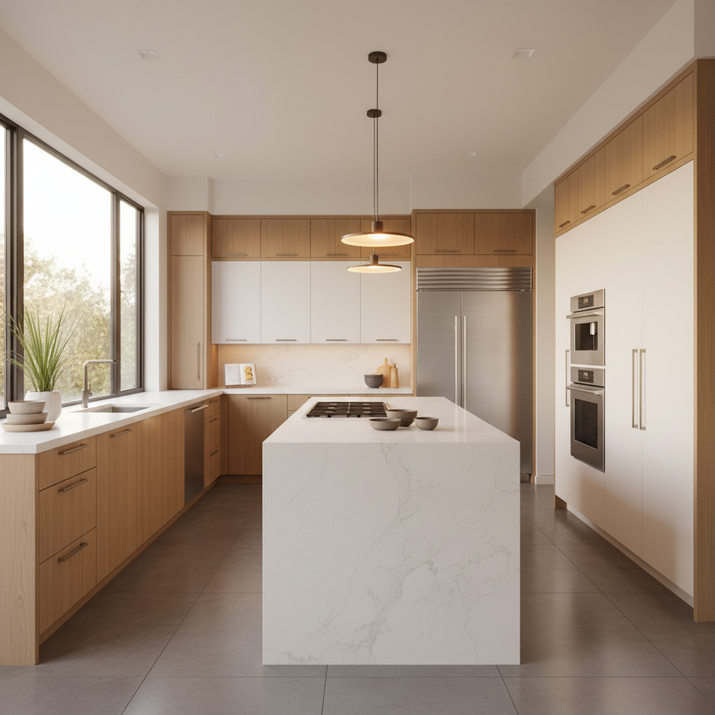 Bright upscale kitchen with integrated Miele-style appliances