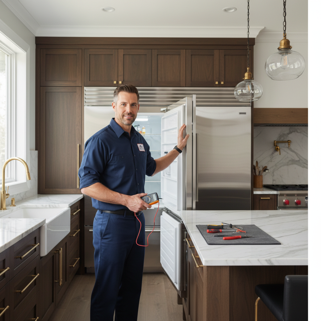 Professional appliance repair technician inspecting a built-in refrigerator